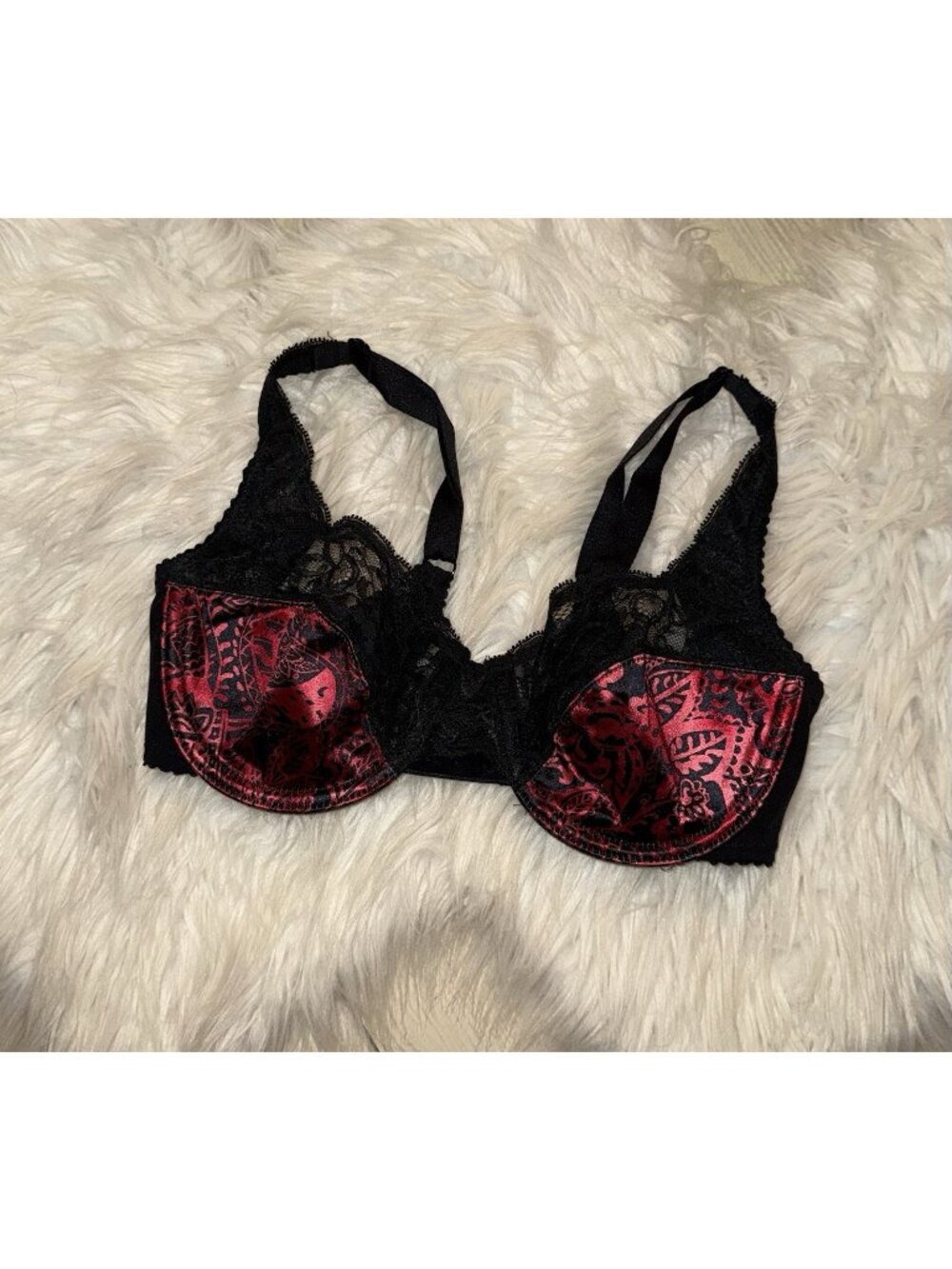 Lunaire 10111 Satin Lace Unlined Underwire Bra Floral Womens 32C Black Red